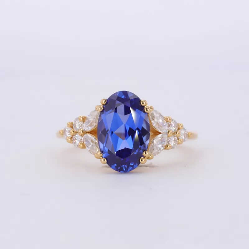 7×11mm Oval Cut Lab Grown Sapphire With Side Moissanite 22K Yellow Gold Engagement Ring