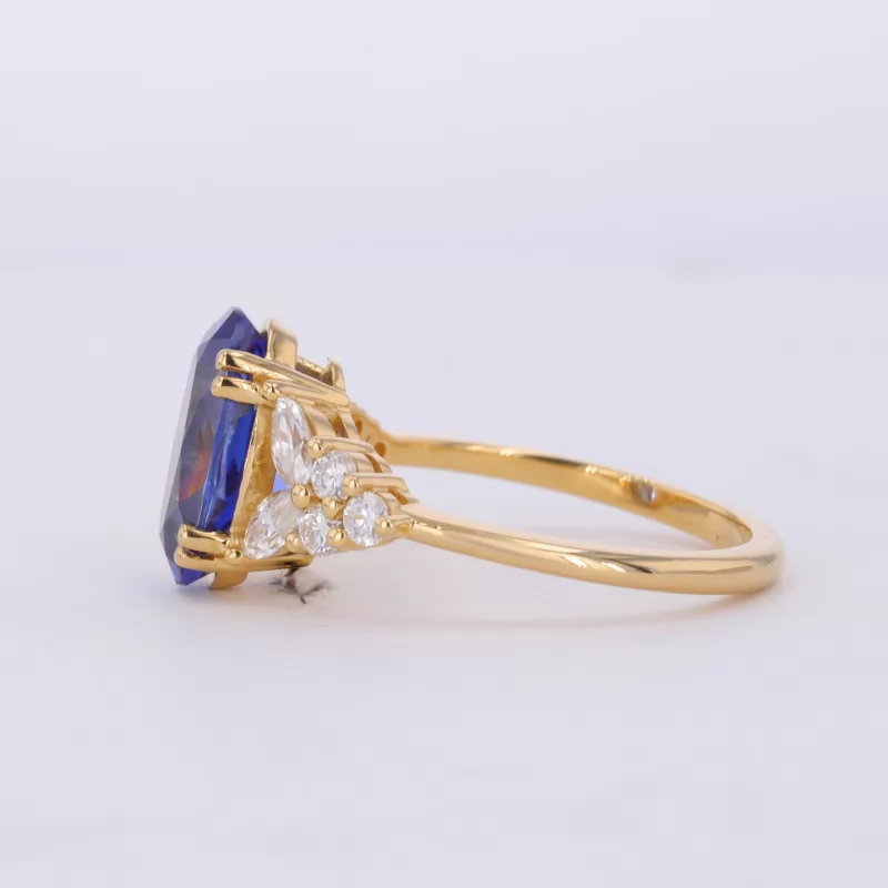 7×11mm Oval Cut Lab Grown Sapphire With Side Moissanite 22K Yellow Gold Engagement Ring