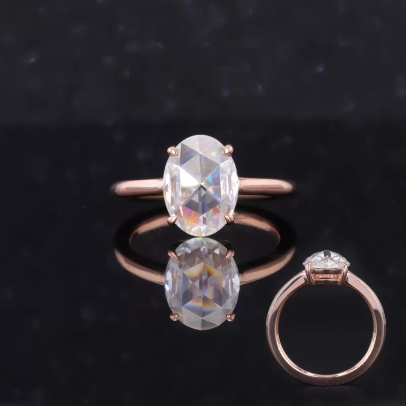 9.5×7mm Oval Shape Single Rose Cut Moissanite 14K Rose Gold Solitaire Engagement Ring