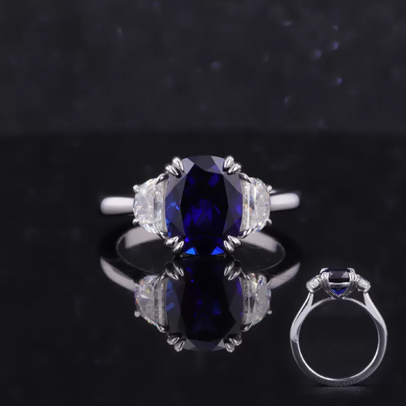 7×9mm Cushion Cut Lab Grown Sapphire 14K White Gold Three Stone Engagement Ring