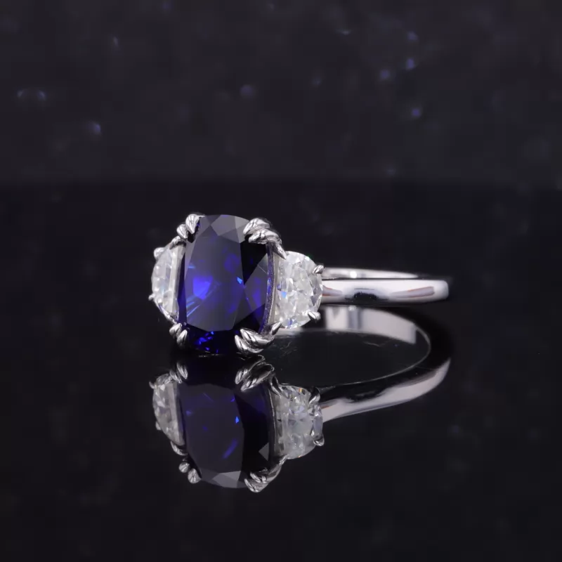 7×9mm Cushion Cut Lab Grown Sapphire 14K White Gold Three Stone Engagement Ring