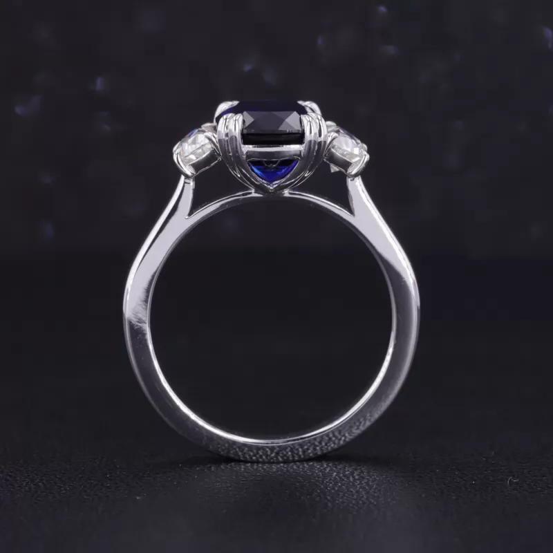 7×9mm Cushion Cut Lab Grown Sapphire 14K White Gold Three Stone Engagement Ring