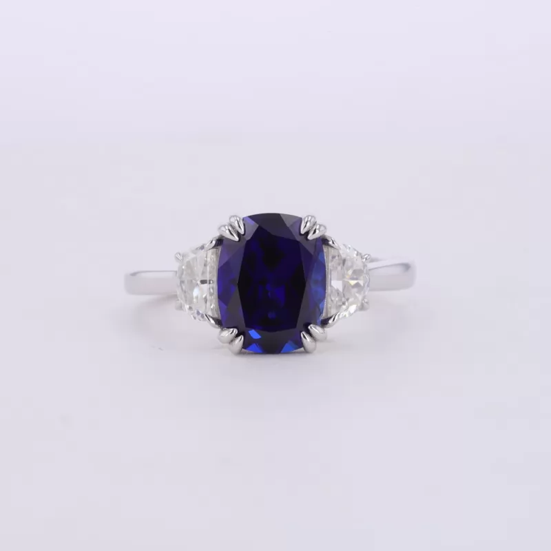 7×9mm Cushion Cut Lab Grown Sapphire 14K White Gold Three Stone Engagement Ring