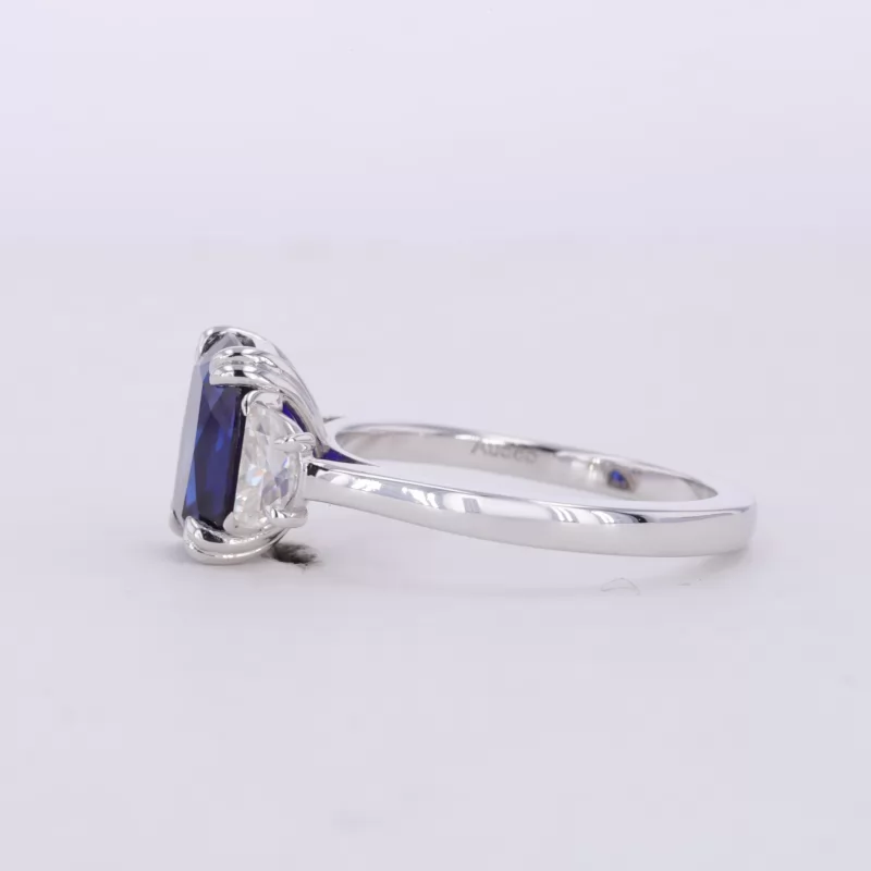 7×9mm Cushion Cut Lab Grown Sapphire 14K White Gold Three Stone Engagement Ring