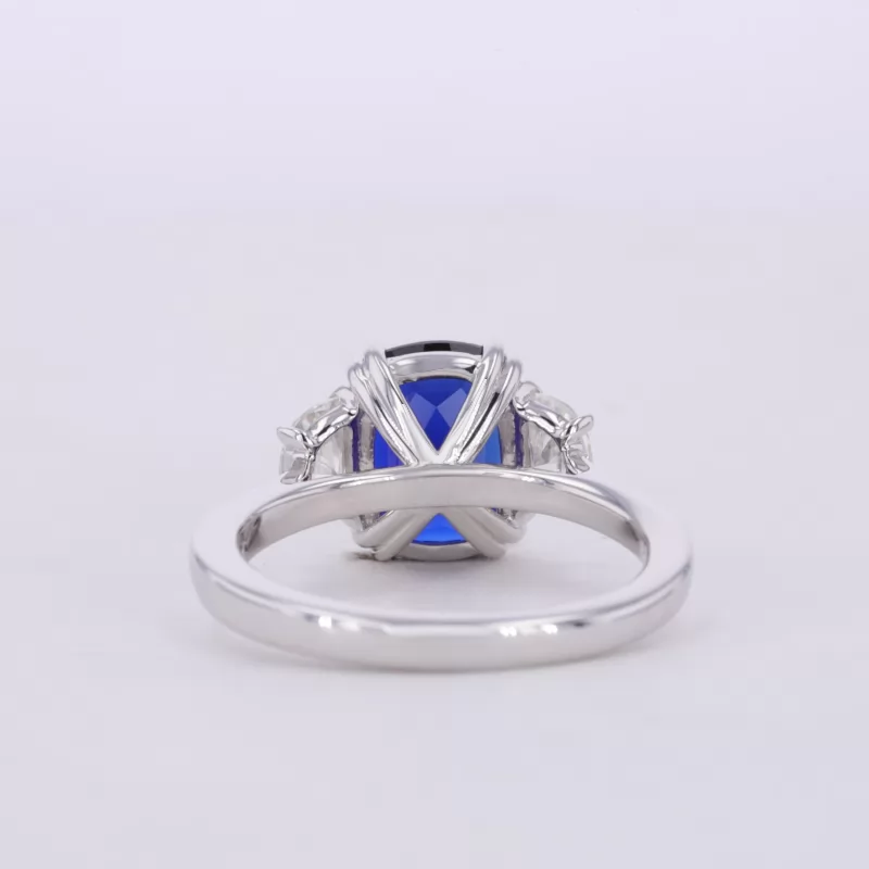 7×9mm Cushion Cut Lab Grown Sapphire 14K White Gold Three Stone Engagement Ring