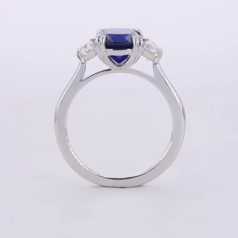 7×9mm Cushion Cut Lab Grown Sapphire 14K White Gold Three Stone Engagement Ring