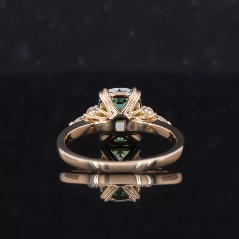 7×9mm Cushion Cut Green Moissanite With Side Moissanite 14K Yellow Gold Engagement Ring