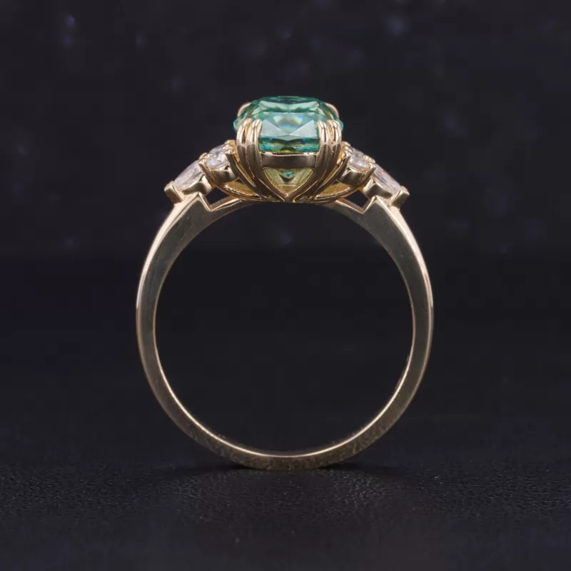 7×9mm Cushion Cut Green Moissanite With Side Moissanite 14K Yellow Gold Engagement Ring