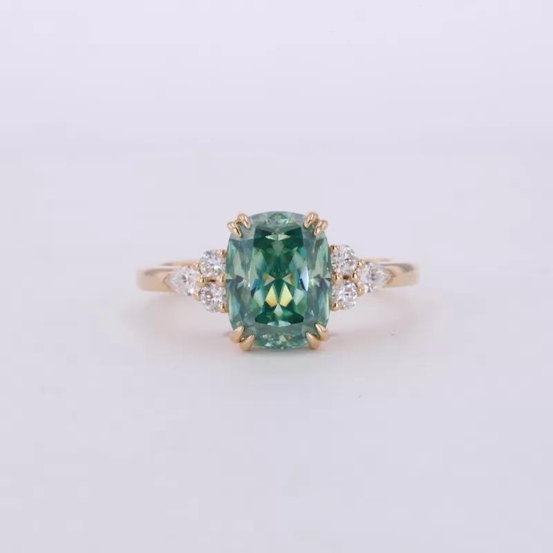 7×9mm Cushion Cut Green Moissanite With Side Moissanite 14K Yellow Gold Engagement Ring