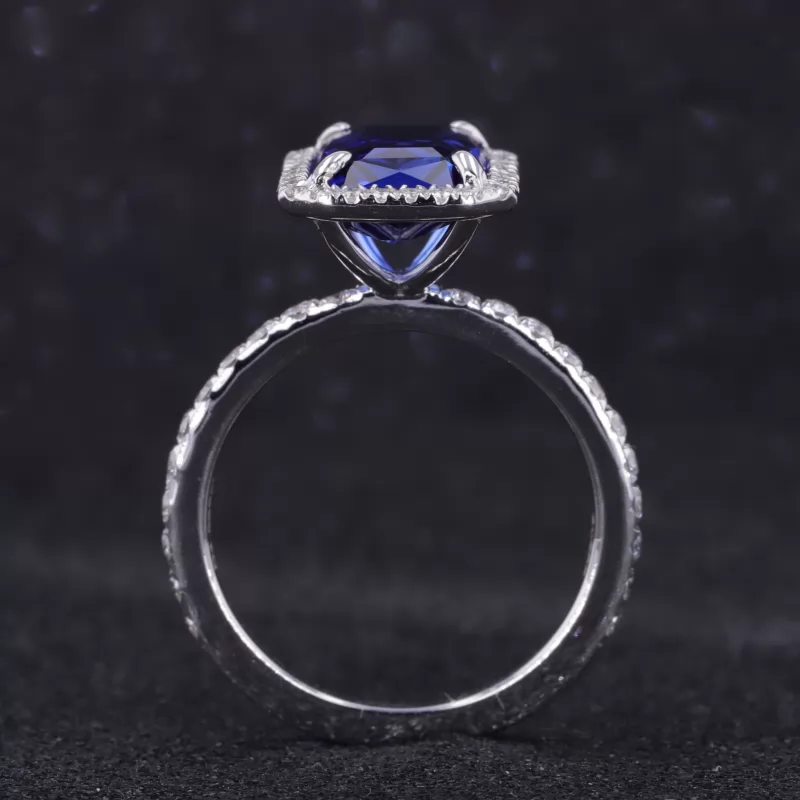 7×11mm Radiant Cut Lab Grown Sapphire 14K White Gold Halo Engagement Ring