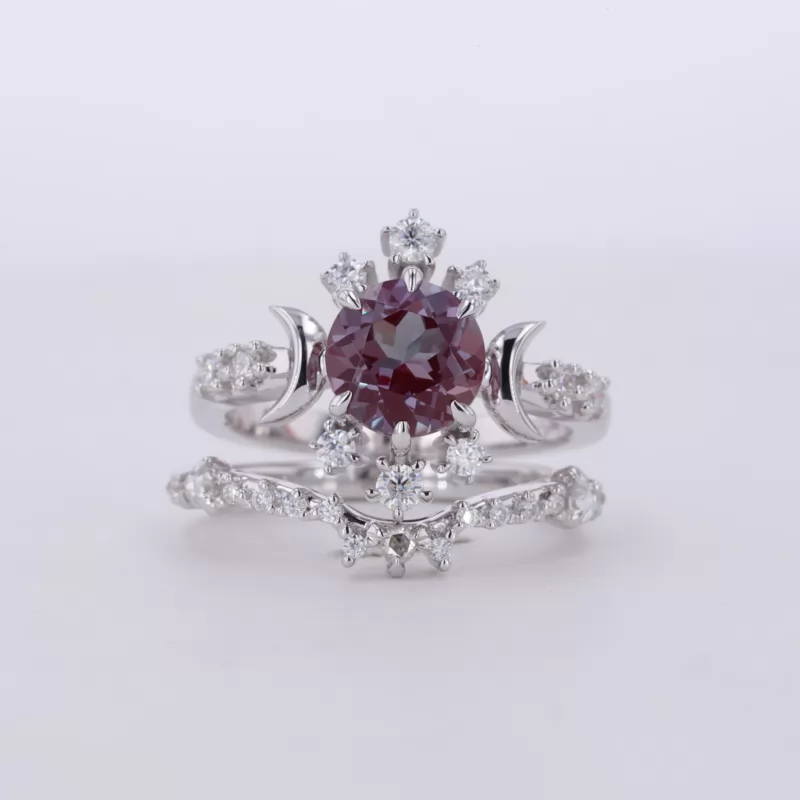 7mm Round Brilliant Cut Lab Grown Alexandrite Sapphire 14K White Gold Vintage Engagement Ring Set