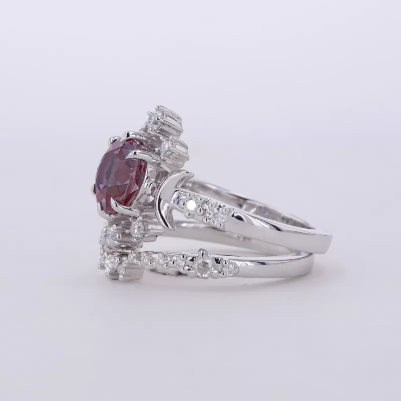 7mm Round Brilliant Cut Lab Grown Alexandrite Sapphire 14K White Gold Vintage Engagement Ring Set