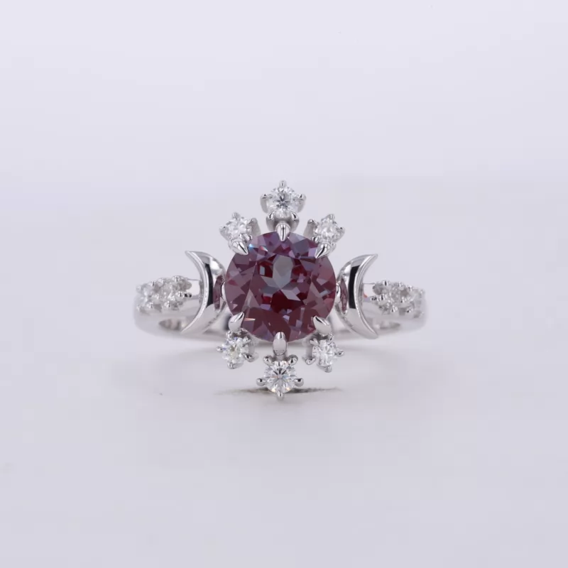 7mm Round Brilliant Cut Lab Grown Alexandrite Sapphire 14K White Gold Vintage Engagement Ring Set