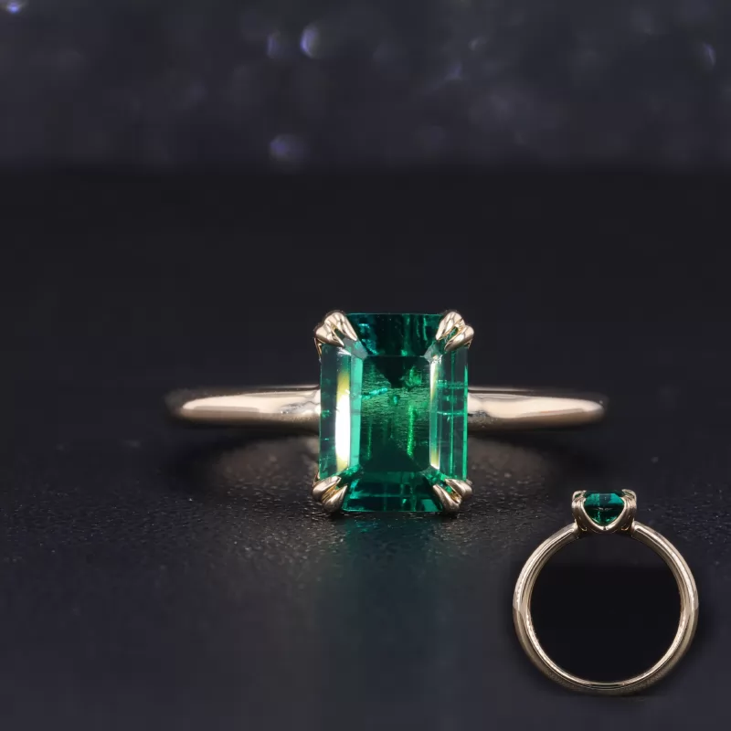 6×8mm Octagon Emerald Cut Lab Grown Emerald 10K Gold Double Prongs Set Solitaire Engagement Ring