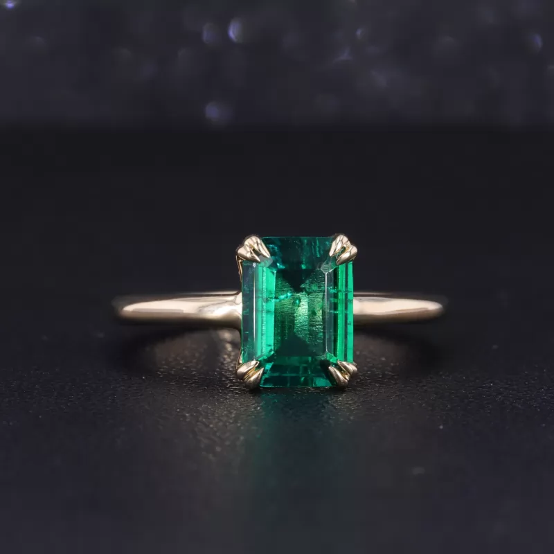 6×8mm Octagon Emerald Cut Lab Grown Emerald 10K Yellow Gold Double Prongs Set Solitaire Engagement Ring