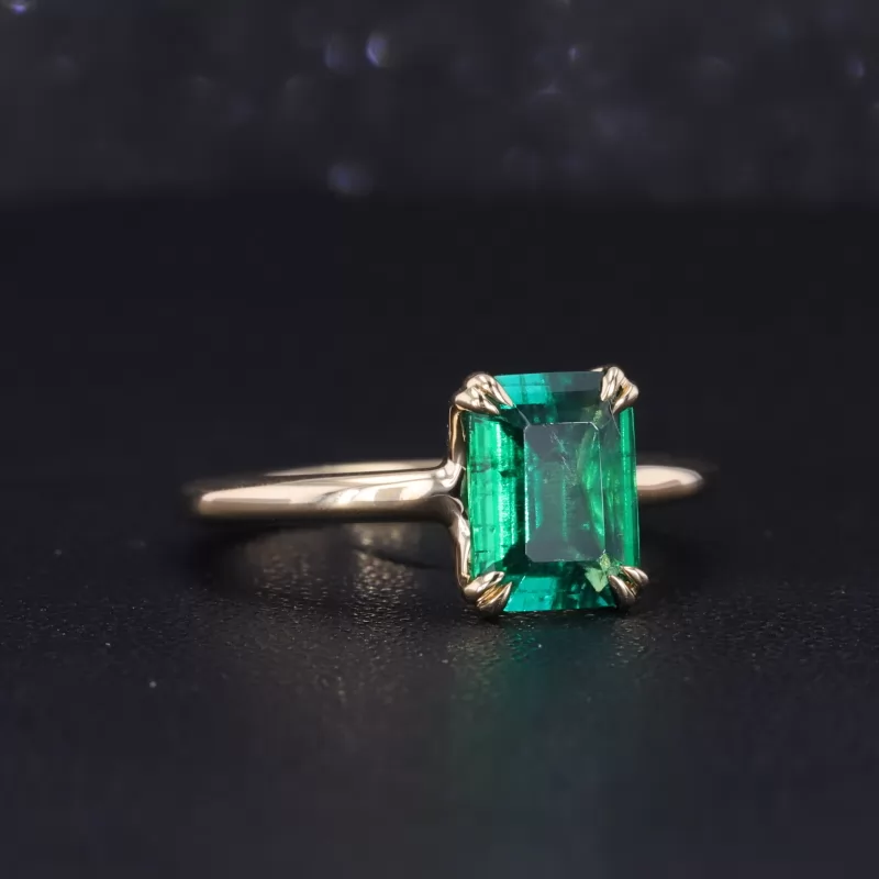 6×8mm Octagon Emerald Cut Lab Grown Emerald 10K Yellow Gold Double Prongs Set Solitaire Engagement Ring