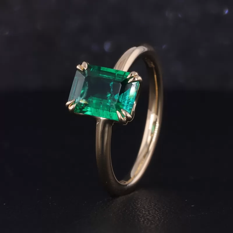6×8mm Octagon Emerald Cut Lab Grown Emerald 10K Yellow Gold Double Prongs Set Solitaire Engagement Ring