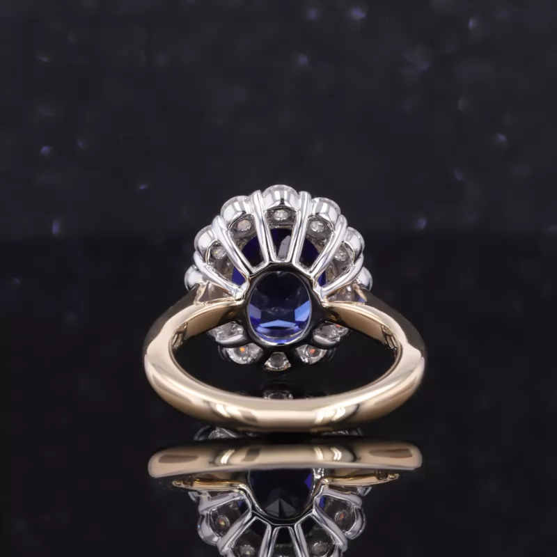 8×10mm Oval Cut Lab Grown Sapphire 10K Yellow Gold Halo Engagement Ring