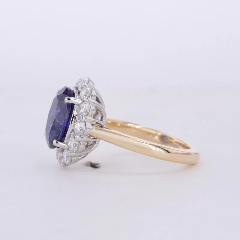 8×10mm Oval Cut Lab Grown Sapphire 10K Yellow Gold Halo Engagement Ring