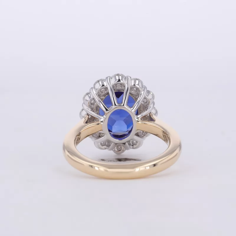 8×10mm Oval Cut Lab Grown Sapphire 10K Yellow Gold Halo Engagement Ring