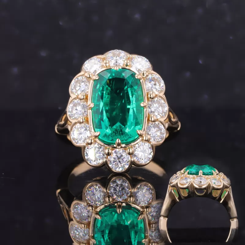 8×12mm Cushion Cut Lab Grown Emerald 14K Gold Halo Engagement Ring