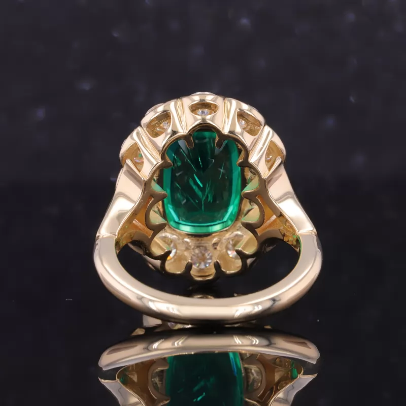 8×12mm Cushion Cut Lab Grown Emerald 14K Yellow Gold Halo Engagement Ring