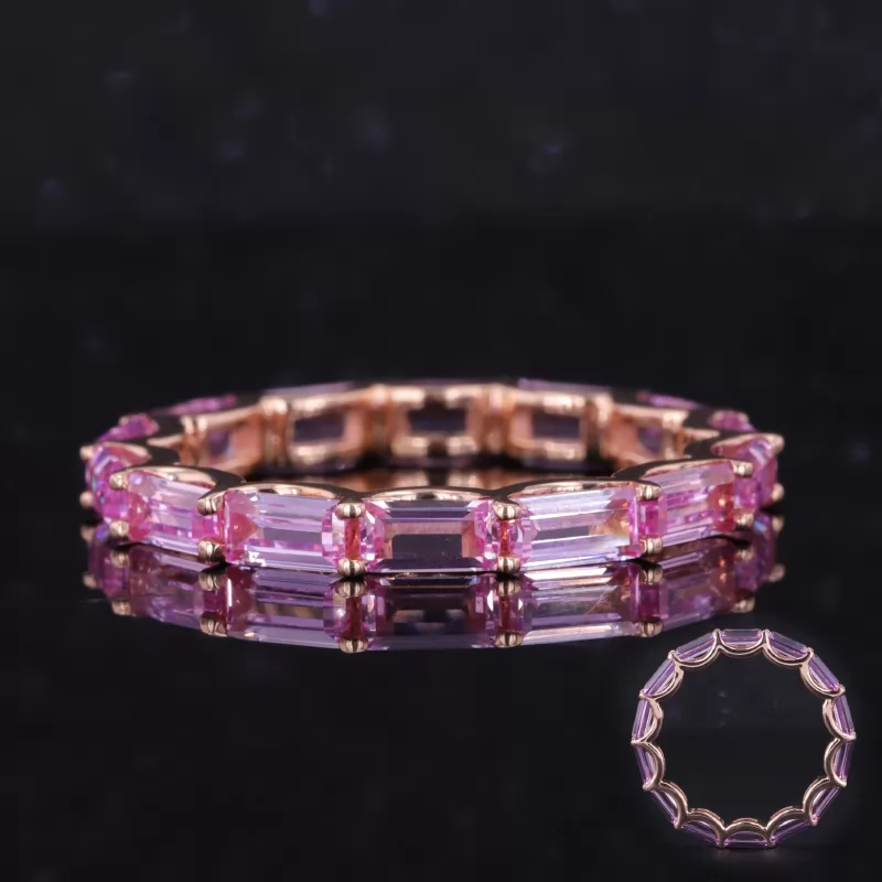 2.5×5mm Baguette Step Cut Lab Grown Sukura Pink Sapphire 14K Rose Gold Diamond Eternity Ring