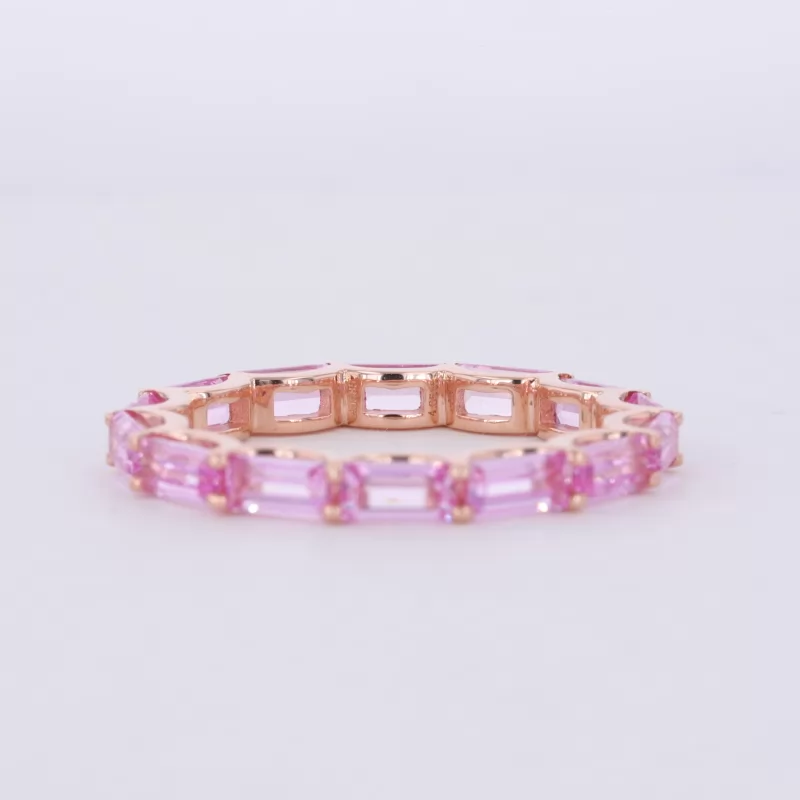 2.5×5mm Baguette Step Cut Lab Grown Sukura Pink Sapphire 14K Rose Gold Diamond Eternity Ring