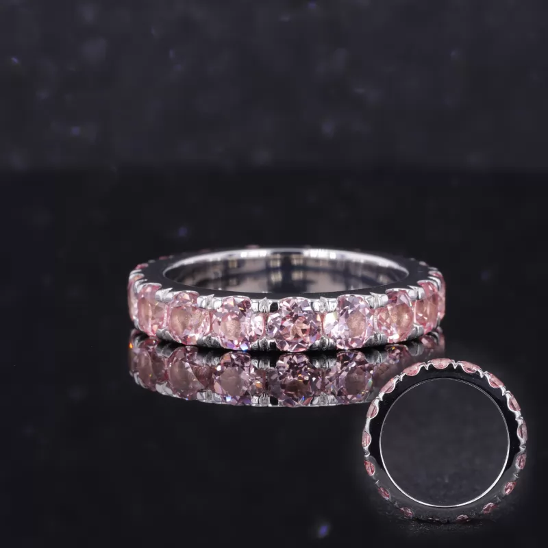 3.5mm Round Brilliant Cut Lab Grown Sukura Pink Sapphire 18K White Gold Diamond Eternity Ring