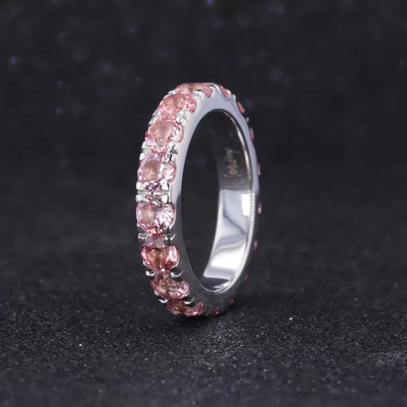 3.5mm Round Brilliant Cut Lab Grown Sukura Pink Sapphire 18K White Gold Diamond Eternity Ring