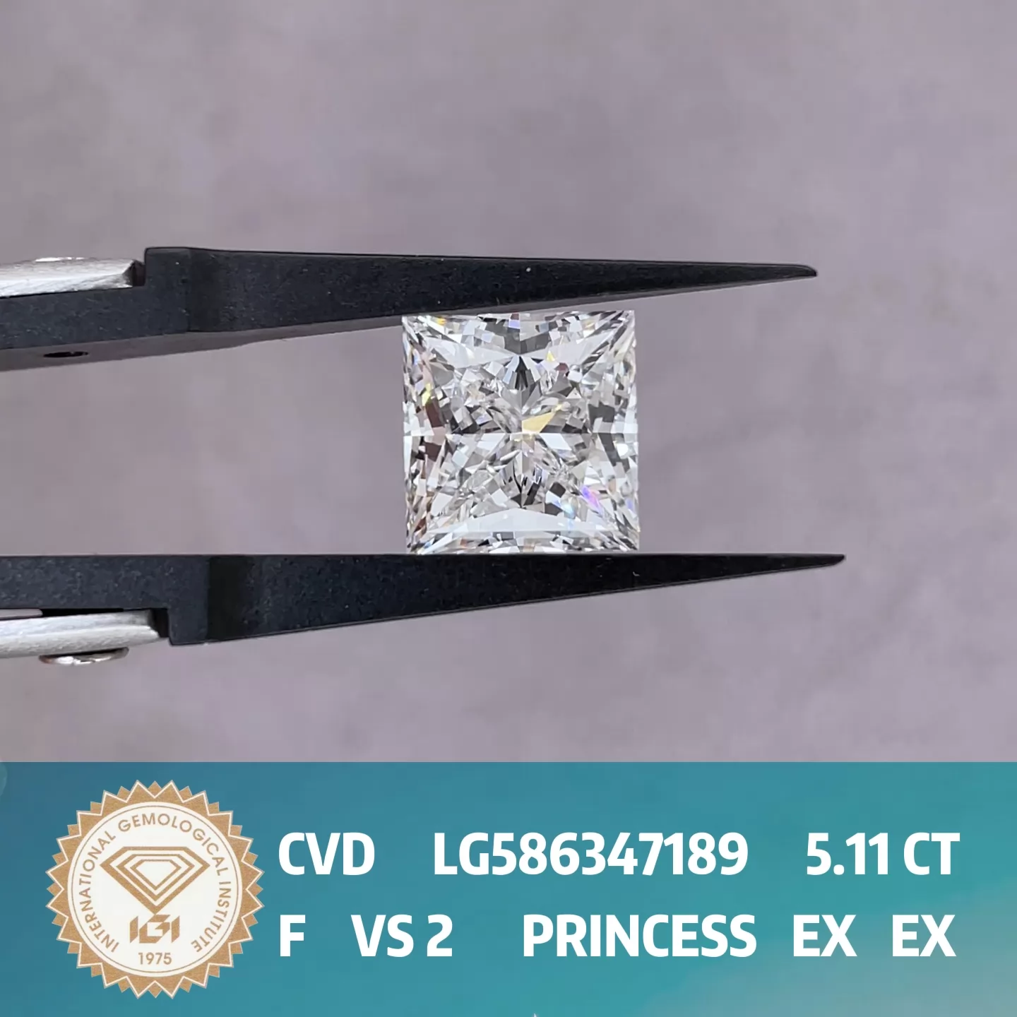 5.11ct F VS2 Princess Cut IGI CVD Lab Grown Diamond