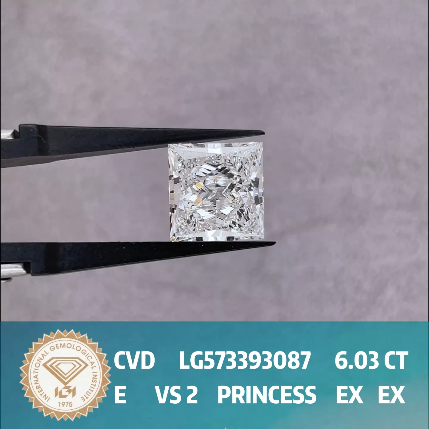 6.03ct E VS2 Princess Cut IGI CVD Lab Grown Diamond