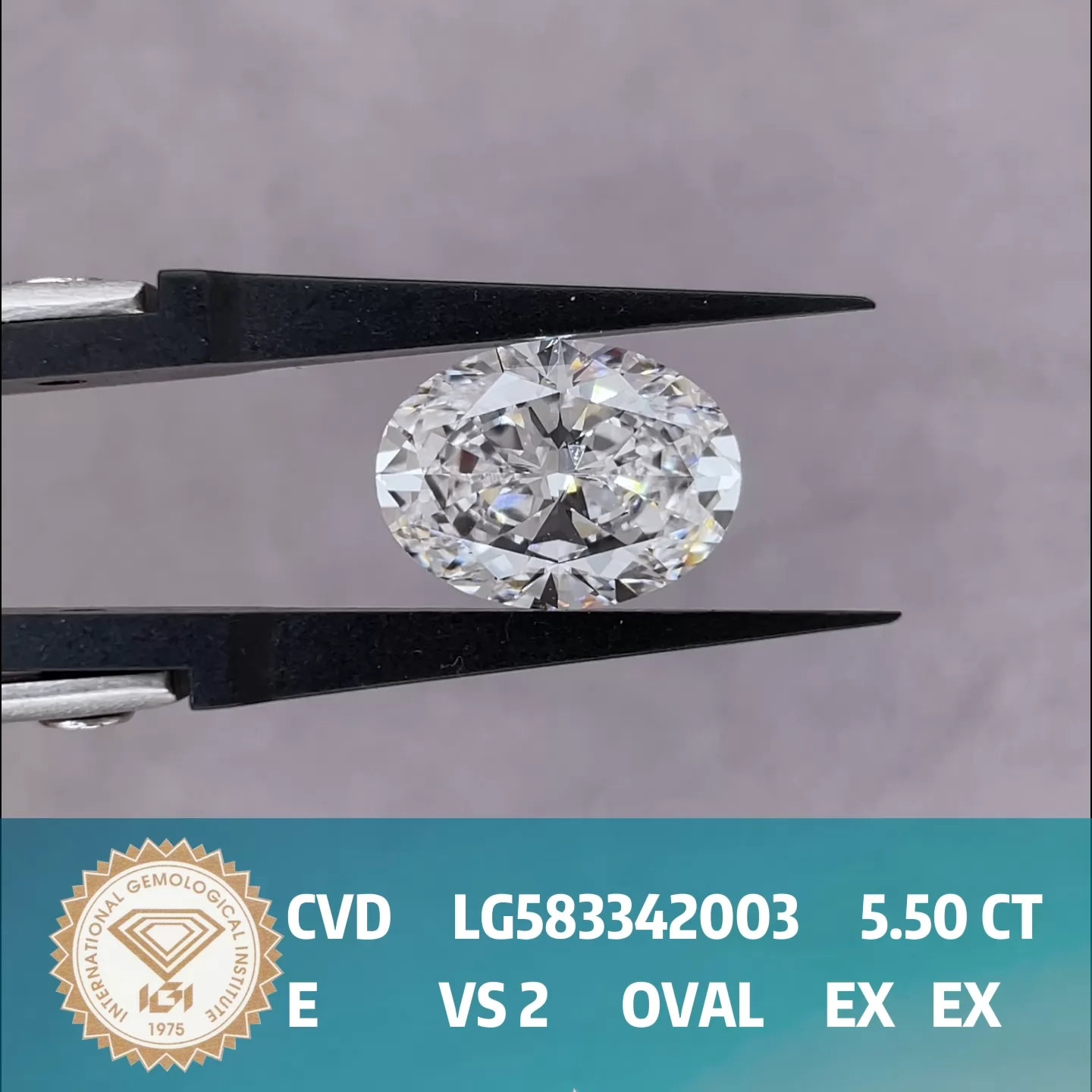 5.5ct E VS2 Oval Cut IGI CVD Lab Grown Diamond