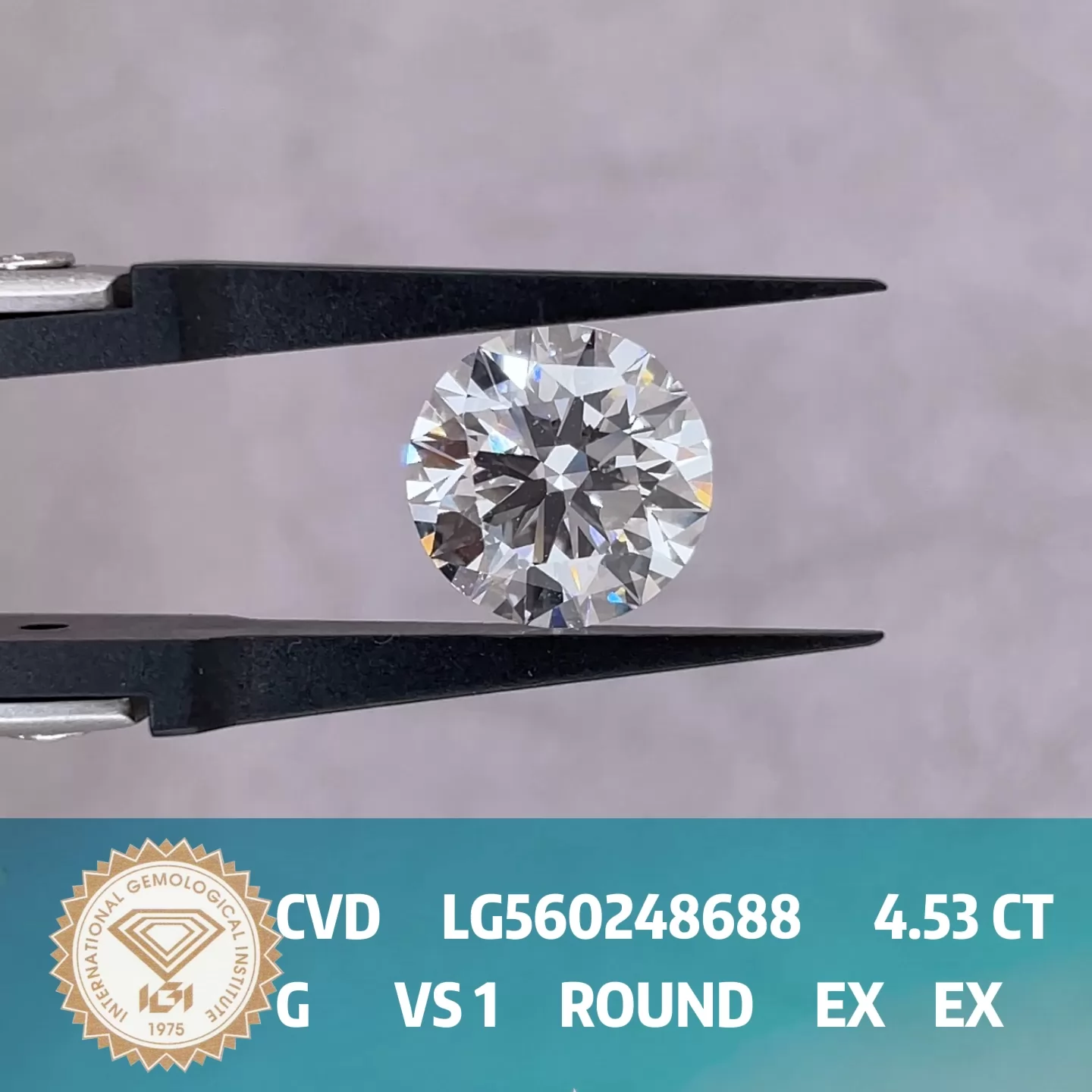 Round Brilliant Cut 4.53ct G Color CVD Lab Grown Diamond