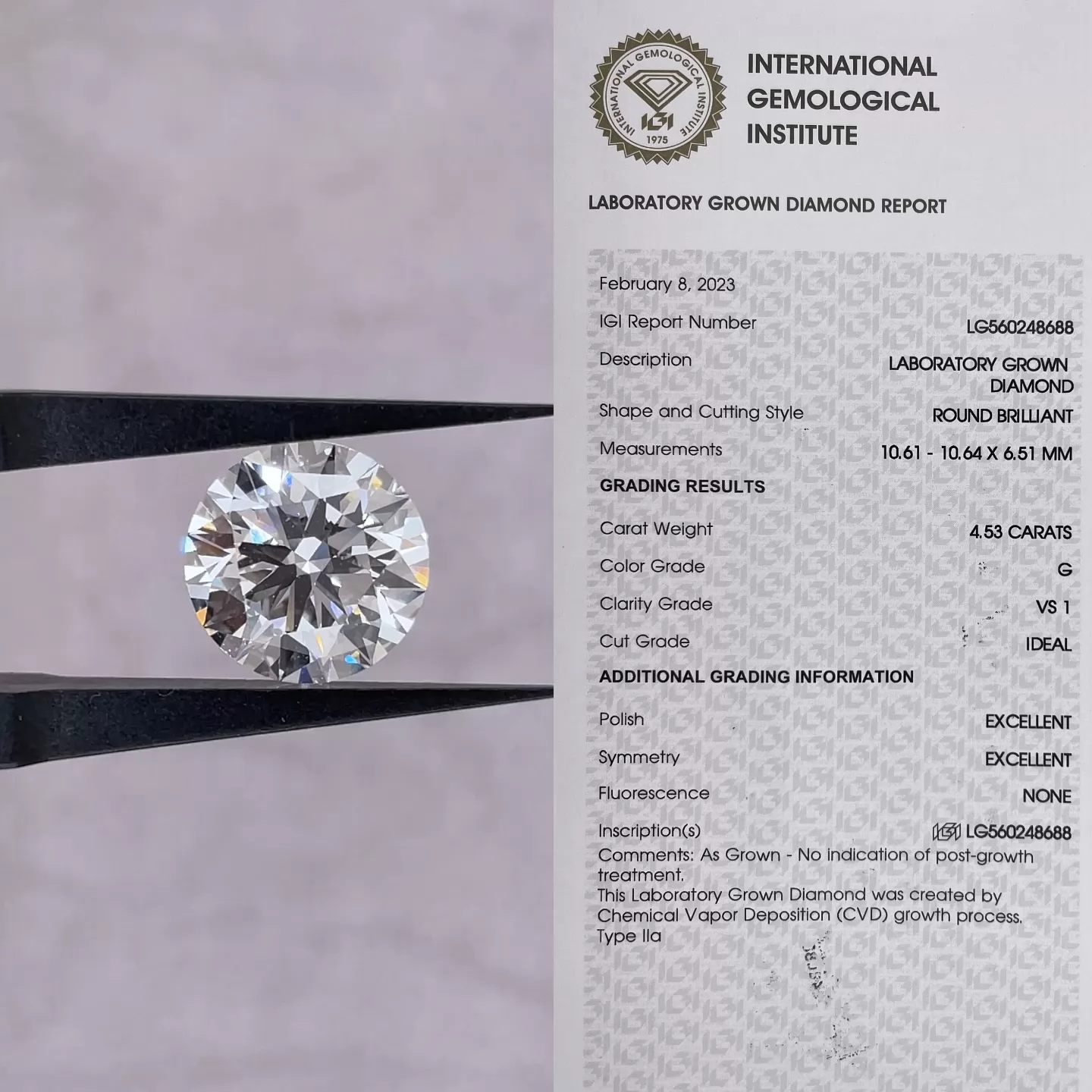 Round Brilliant Cut 4.53ct G Color CVD Lab Grown Diamond