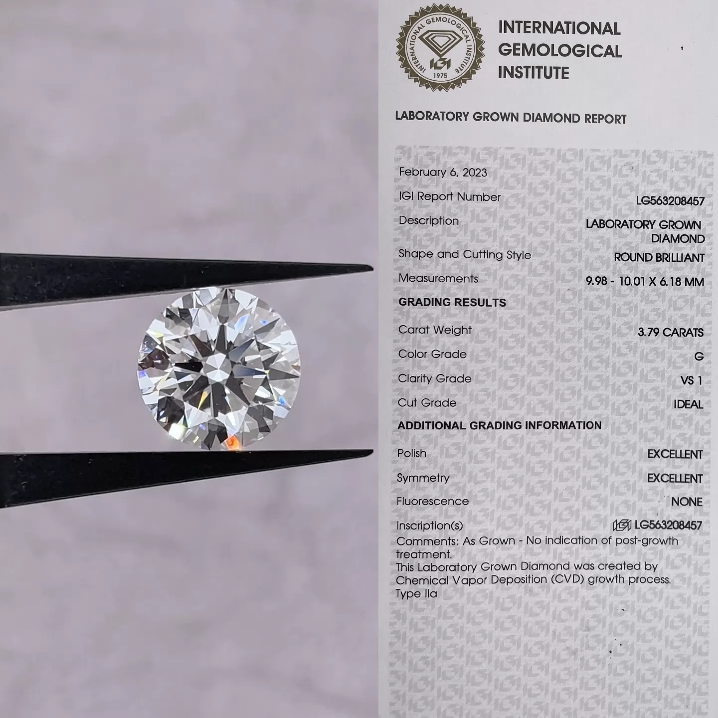 Round Brilliant Cut 3.79ct G Color CVD Lab Grown Diamond