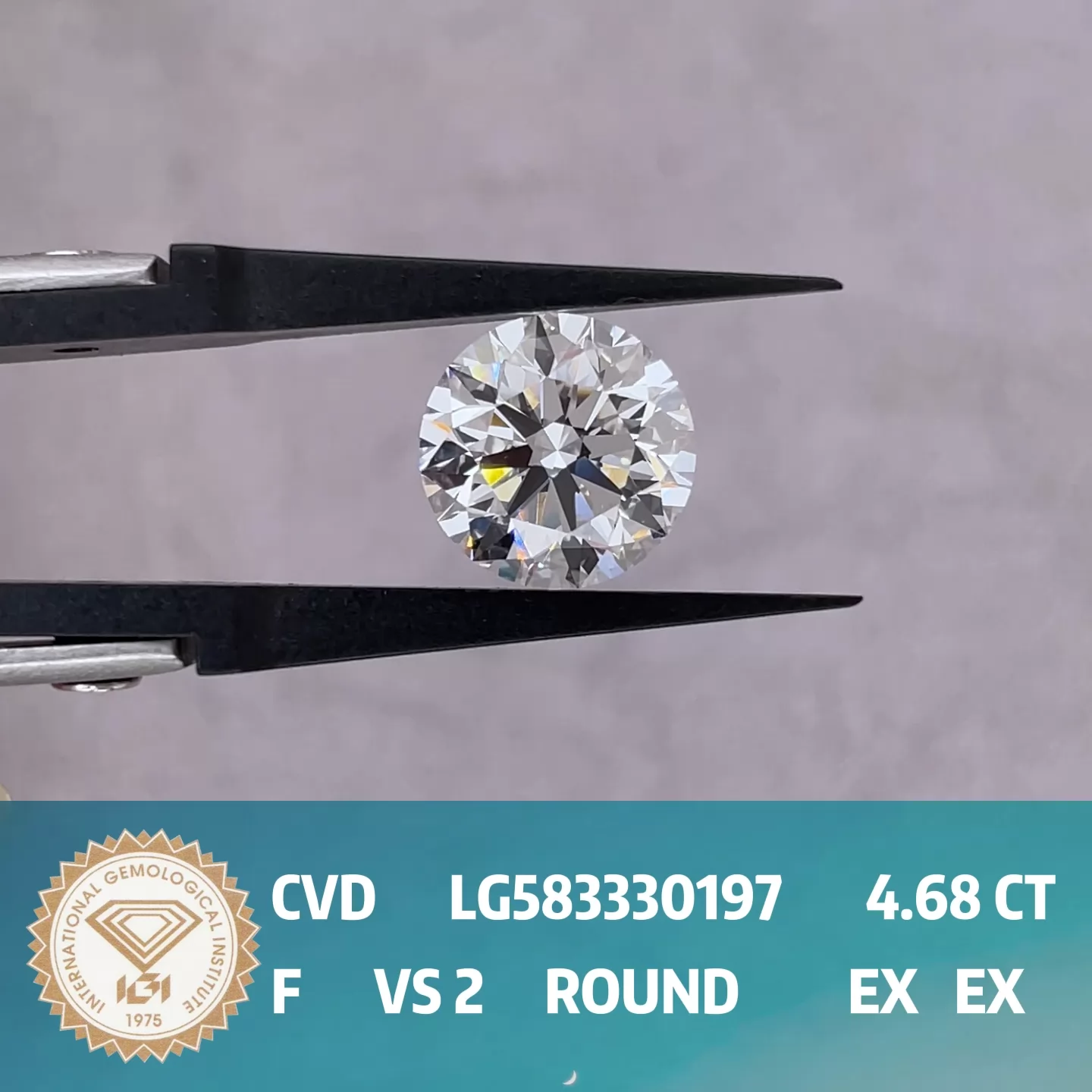 Round Brilliant Cut 4.68ct F Color CVD Lab Grown Diamond