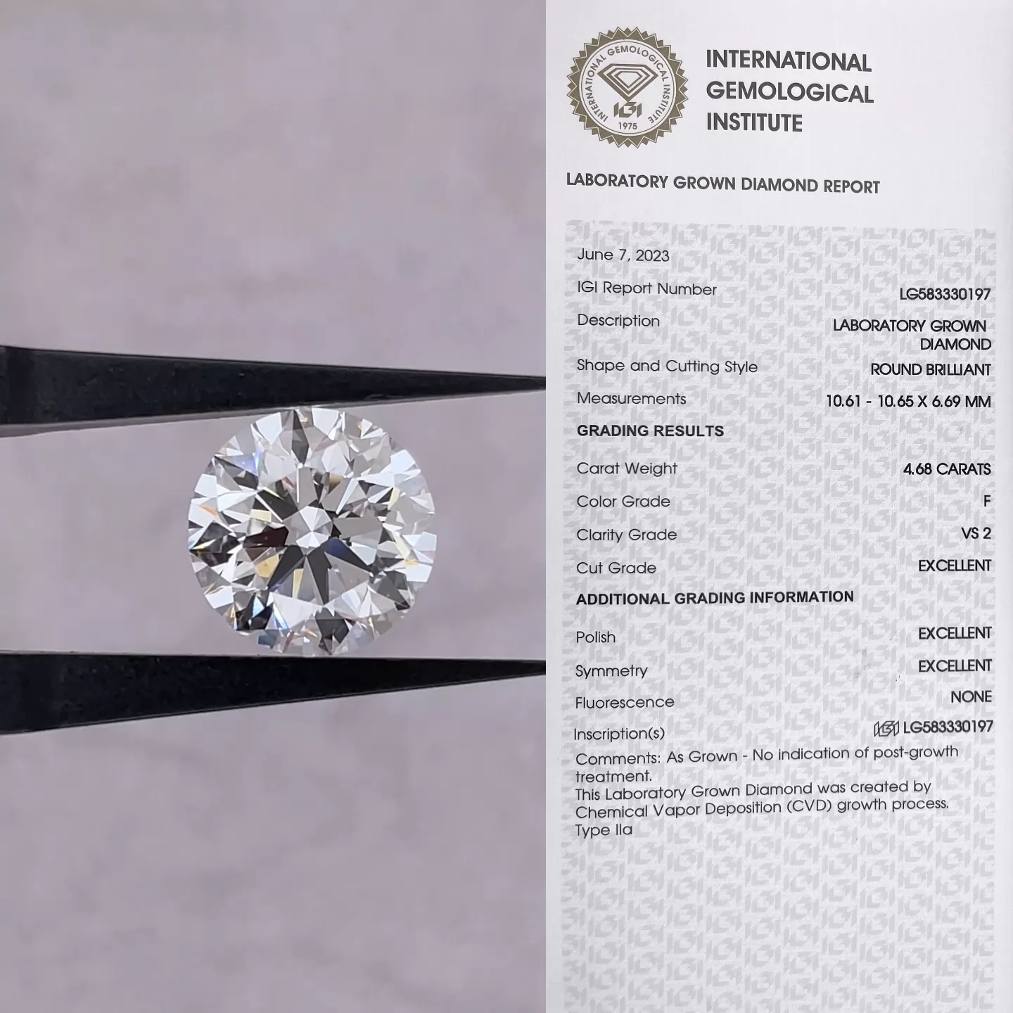 Round Brilliant Cut 4.68ct F Color CVD Lab Grown Diamond