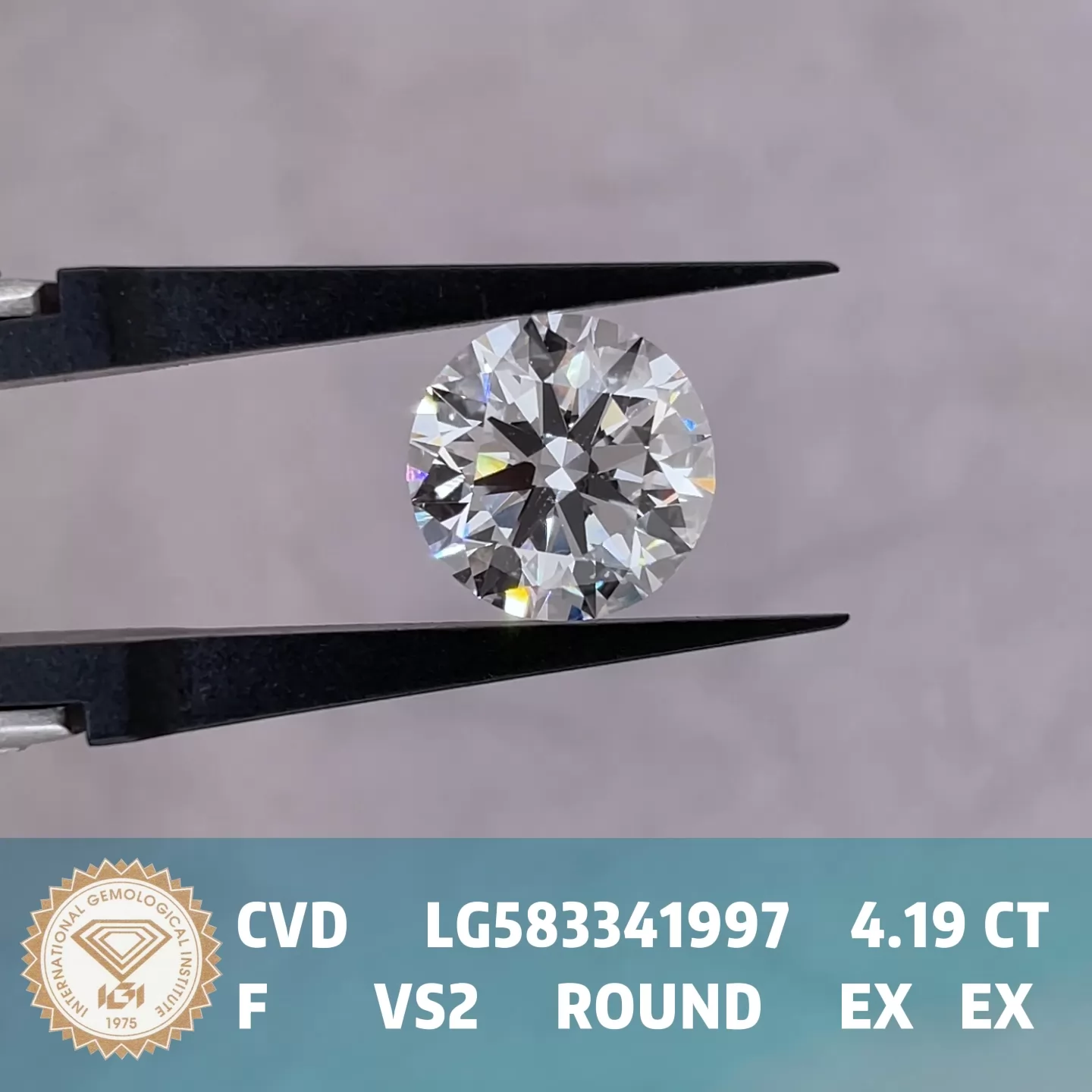 Round Brilliant Cut 4.19ct F Color CVD Lab Grown Diamond