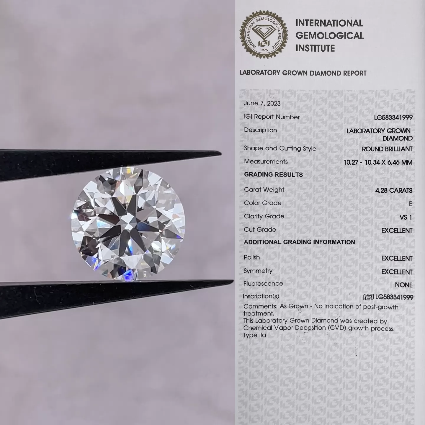 Round Brilliant Cut 4.28ct E Color CVD Lab Grown Diamond