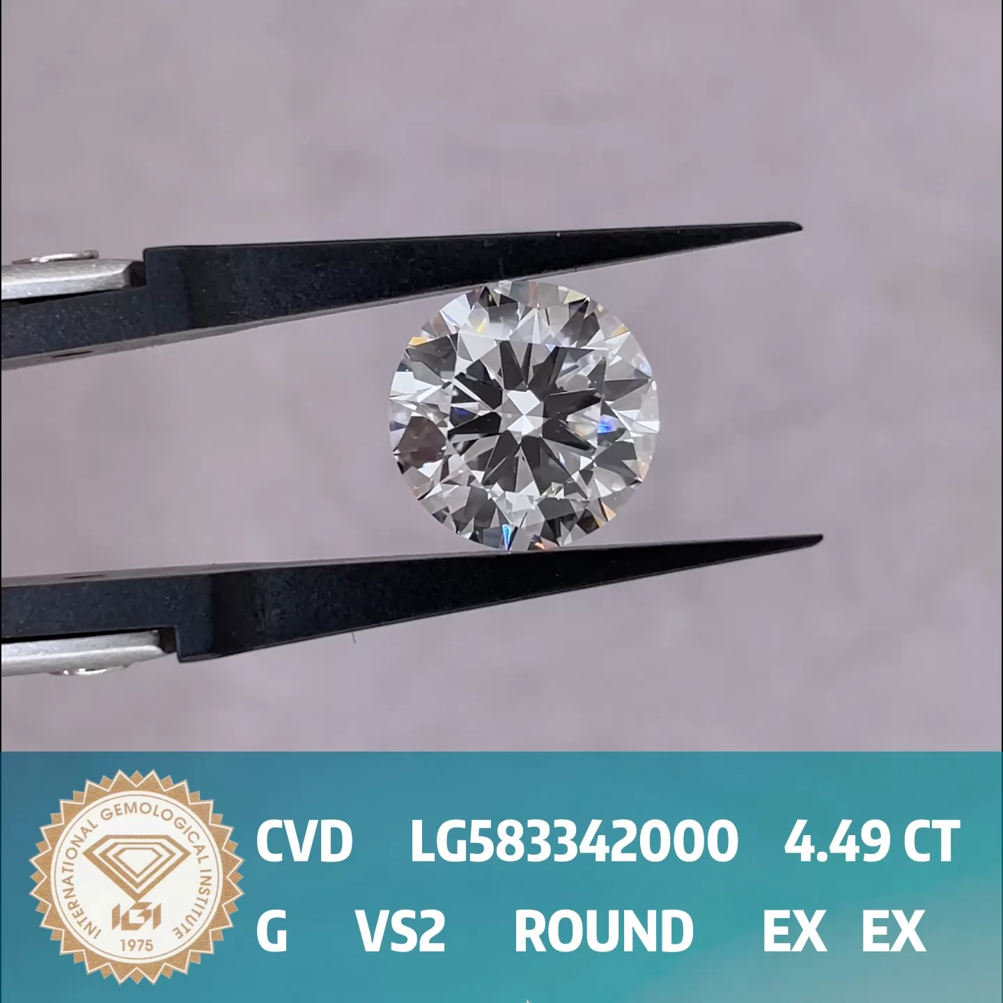 Round Brilliant Cut 4.49ct G Color CVD Lab Grown Diamond