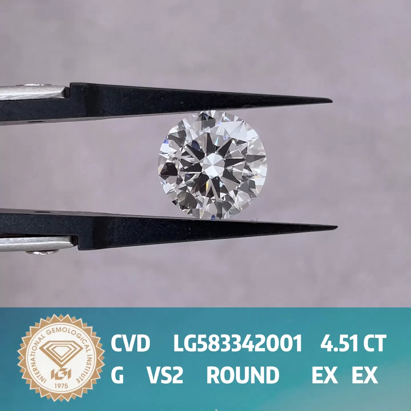 Round Brilliant Cut 4.51ct G Color CVD Lab Grown Diamond