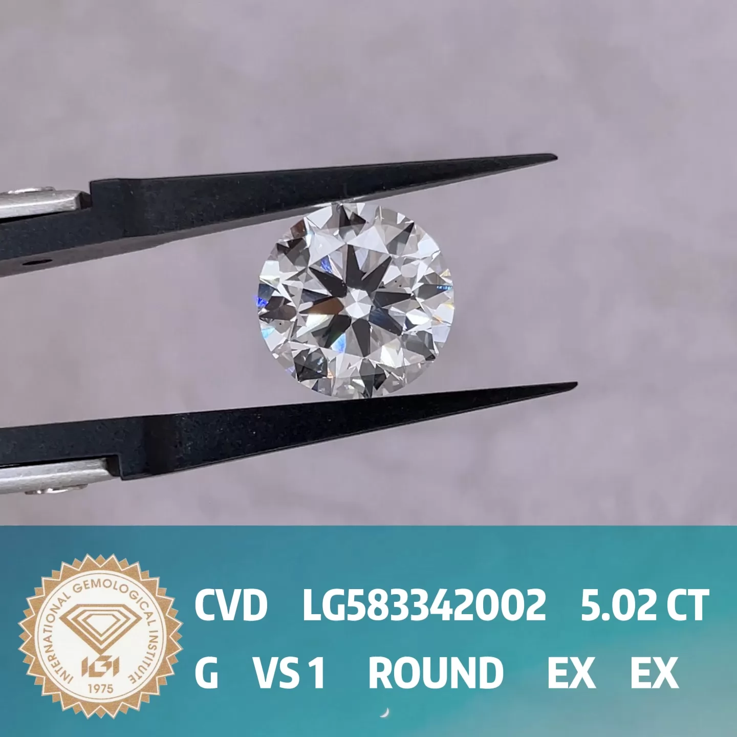 Round Brilliant Cut 5.02ct G Color CVD Lab Grown Diamond