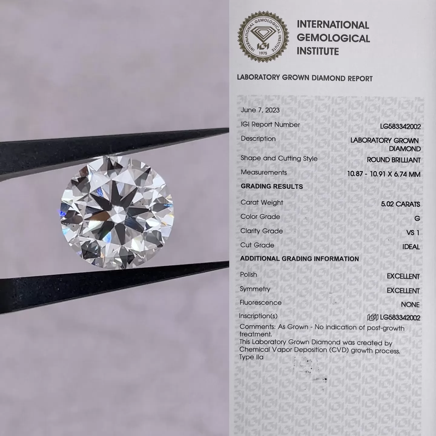 Round Brilliant Cut 5.02ct G Color CVD Lab Grown Diamond