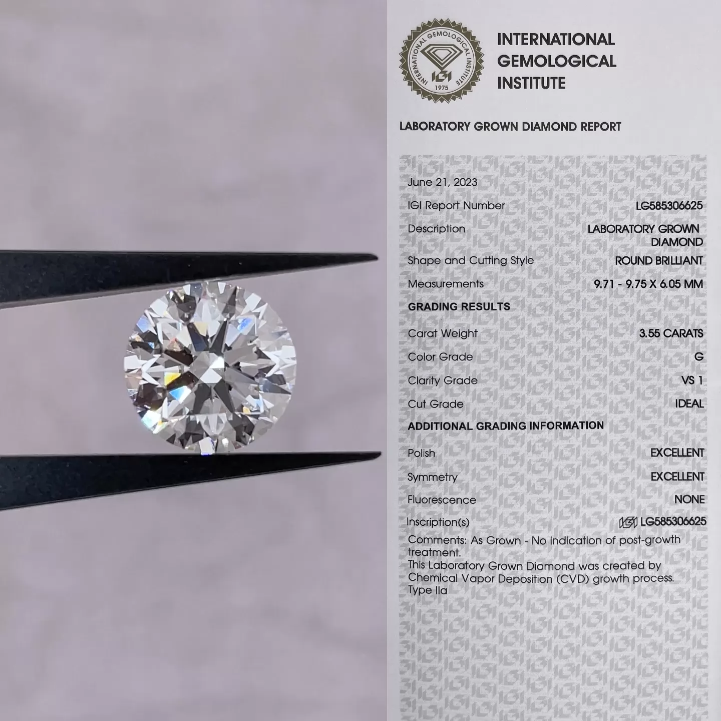 Round Brilliant Cut 3.55ct G Color CVD Lab Grown Diamond