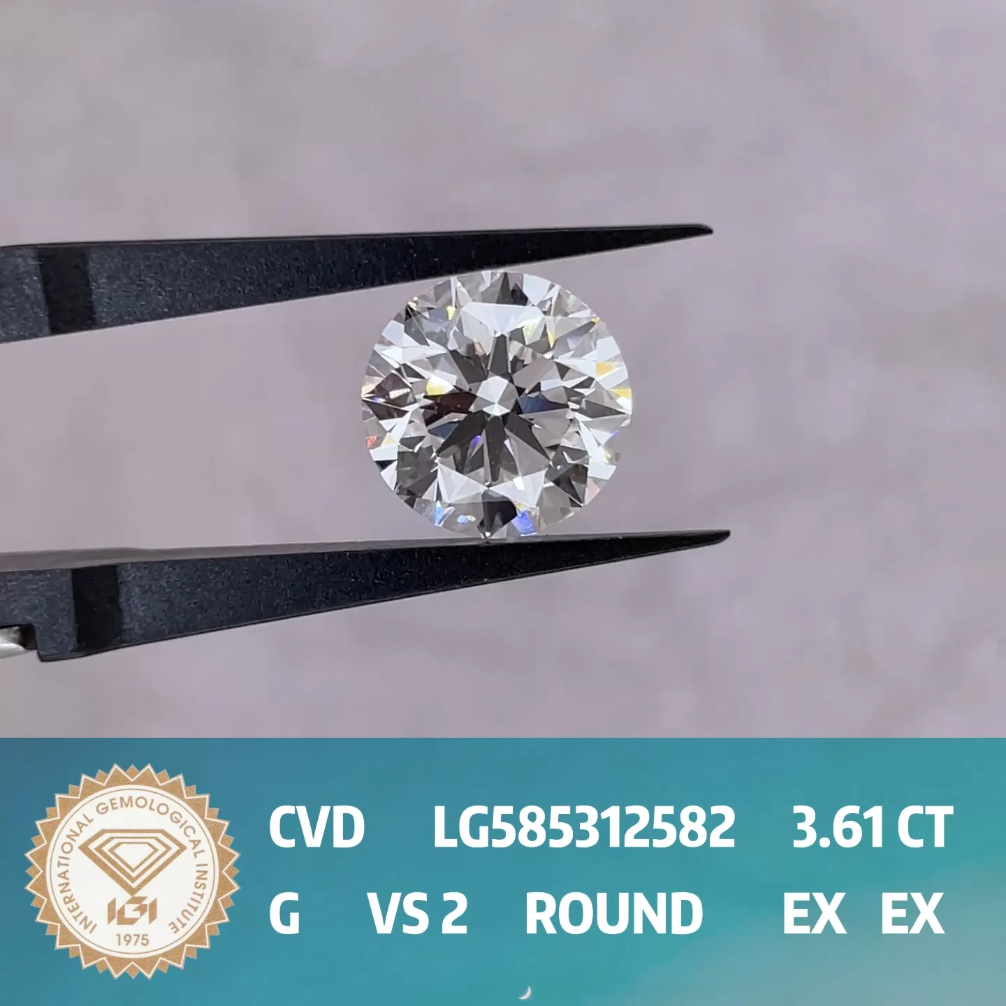 Round Brilliant Cut 3.61ct G Color CVD Lab Grown Diamond