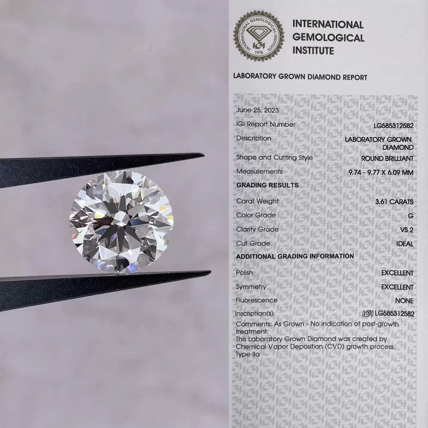 Round Brilliant Cut 3.61ct G Color CVD Lab Grown Diamond