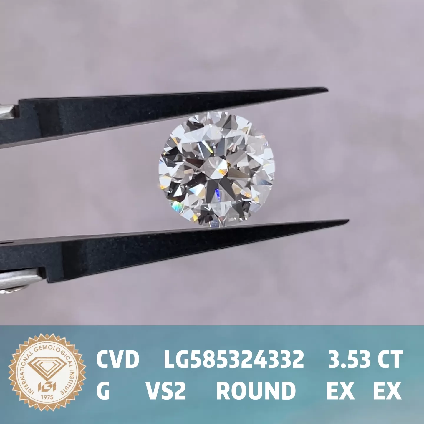 Round Brilliant Cut 3.53ct G Color CVD Lab Grown Diamond
