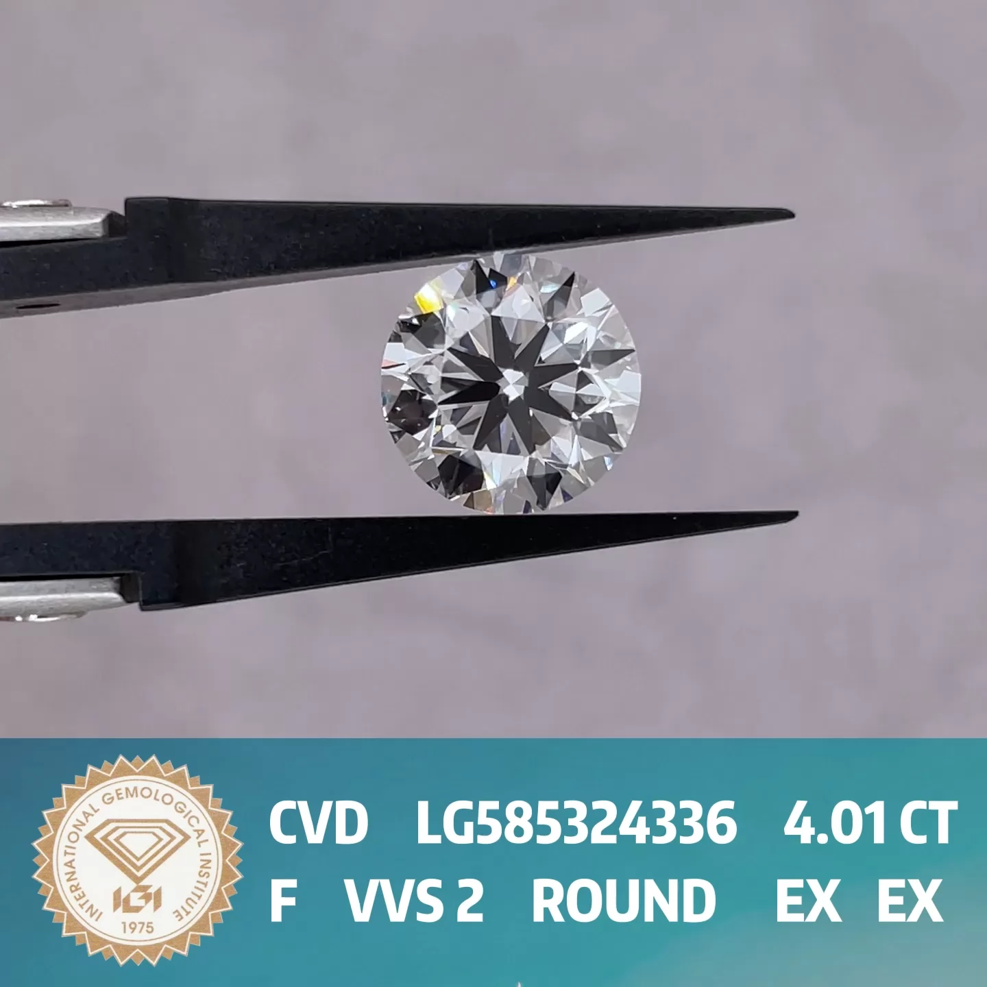 Round Brilliant Cut 4.01ct F Color CVD Lab Grown Diamond