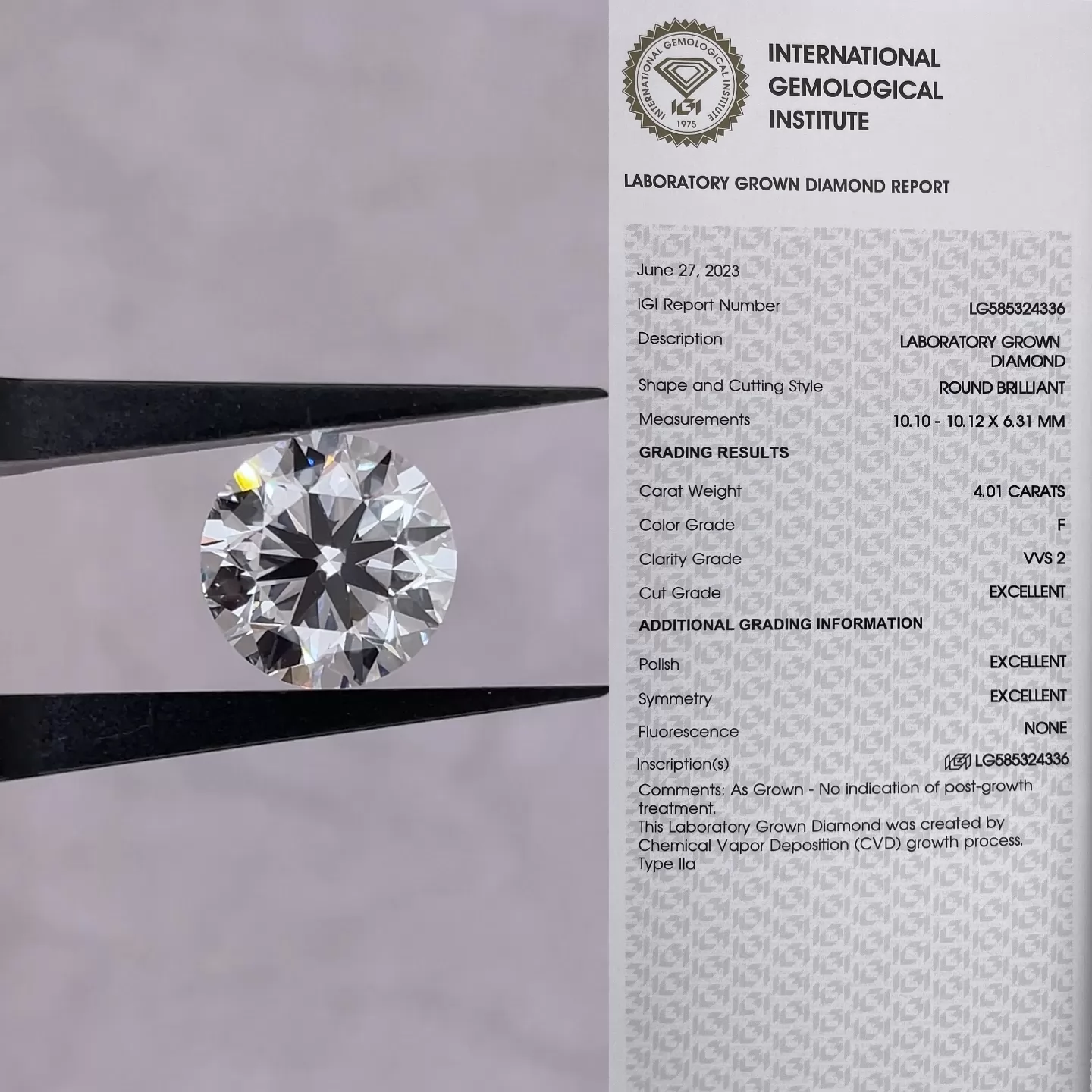 Round Brilliant Cut 4.01ct F Color CVD Lab Grown Diamond